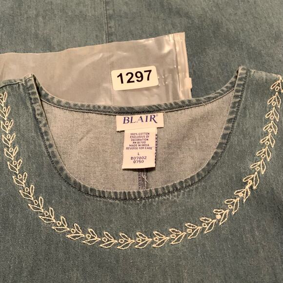 BLAIR Womens Dress Large 100% Cotton Denim Jumper Sleeveless Pockets Embroidery - Picture 10 of 10